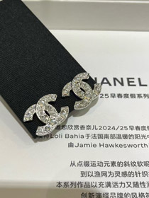 Chanel star heart crystal pearl silver double C earrings-3752  
