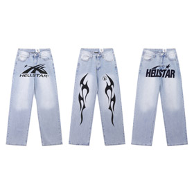Hellstar Casual Loose Straight-Leg Printed Washed Denim Jeans-5281  